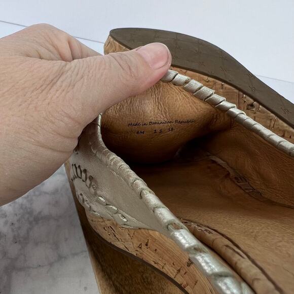 Jack Rogers Leather Gold Slip on Whipstitch Mid Stacked Cork Wedge Sandals 8 - Picture 8 of 10